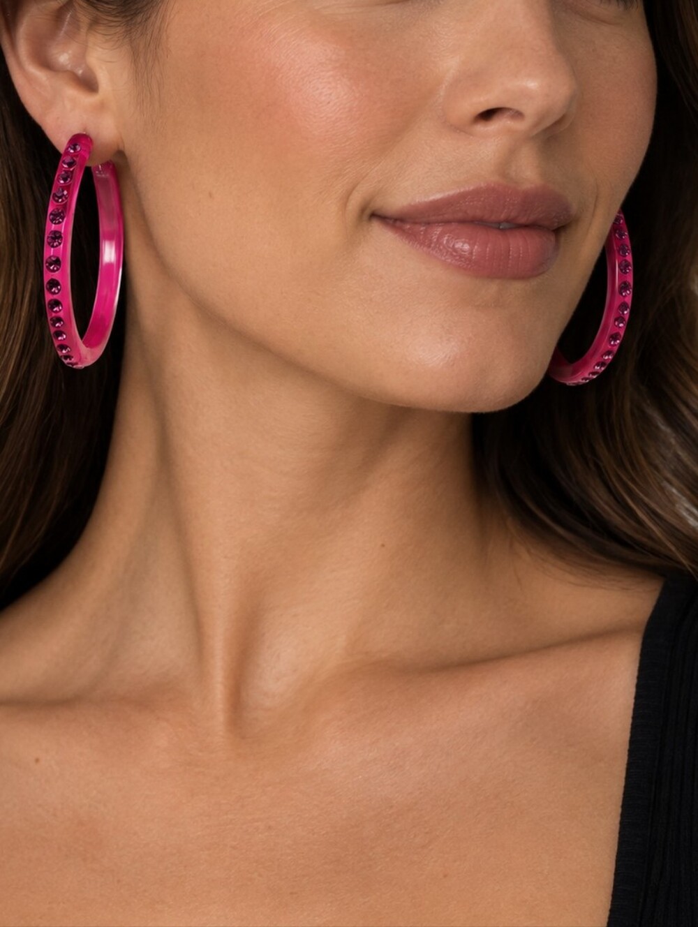 💎 Hot Pink Rhinestone Hoop Earrings Translucent Lucite Y2K Statement Jewelry